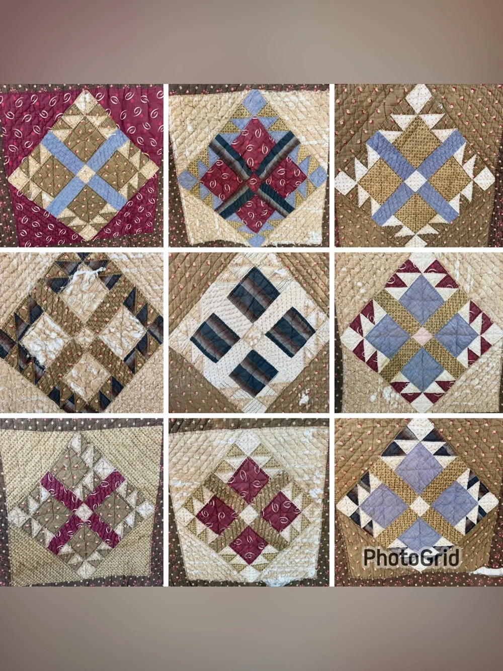 Vintage 4 Patch in Square Hand Sewn Quilt Brown Florals Earth Tones 70x76 CUTTER